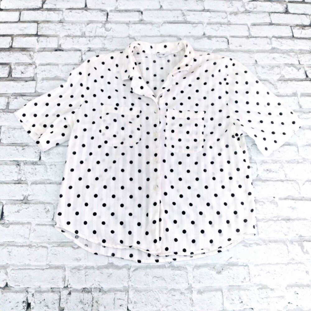 JH Collectibles Top Womens 16 White Polka Dot Short Sleeve Linen Blend Button Up